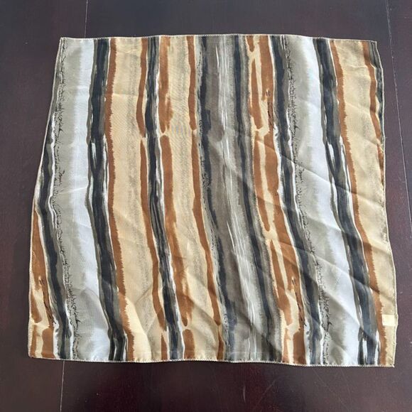 Vintage Brown, Tan, Olive Green, Grey Striped Neck Hair Scarf 20.5" x 20.5" - Picture 3 of 6